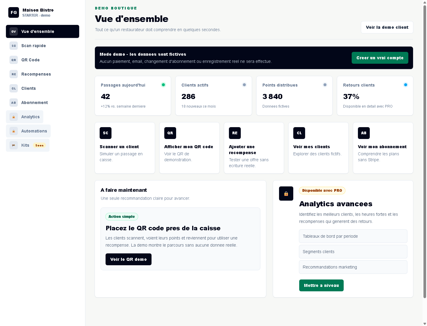 Apercu du dashboard FideliGo pour un commercant